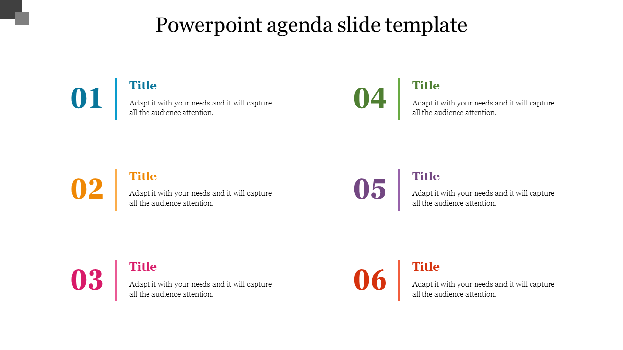 Agenda slide with six numbered sections in different colors, arranged in two columns with brief descriptions.