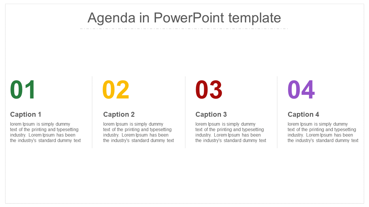 Slide featuring four numbered agenda points in green, yellow, red, and purple, paired with a title and description.