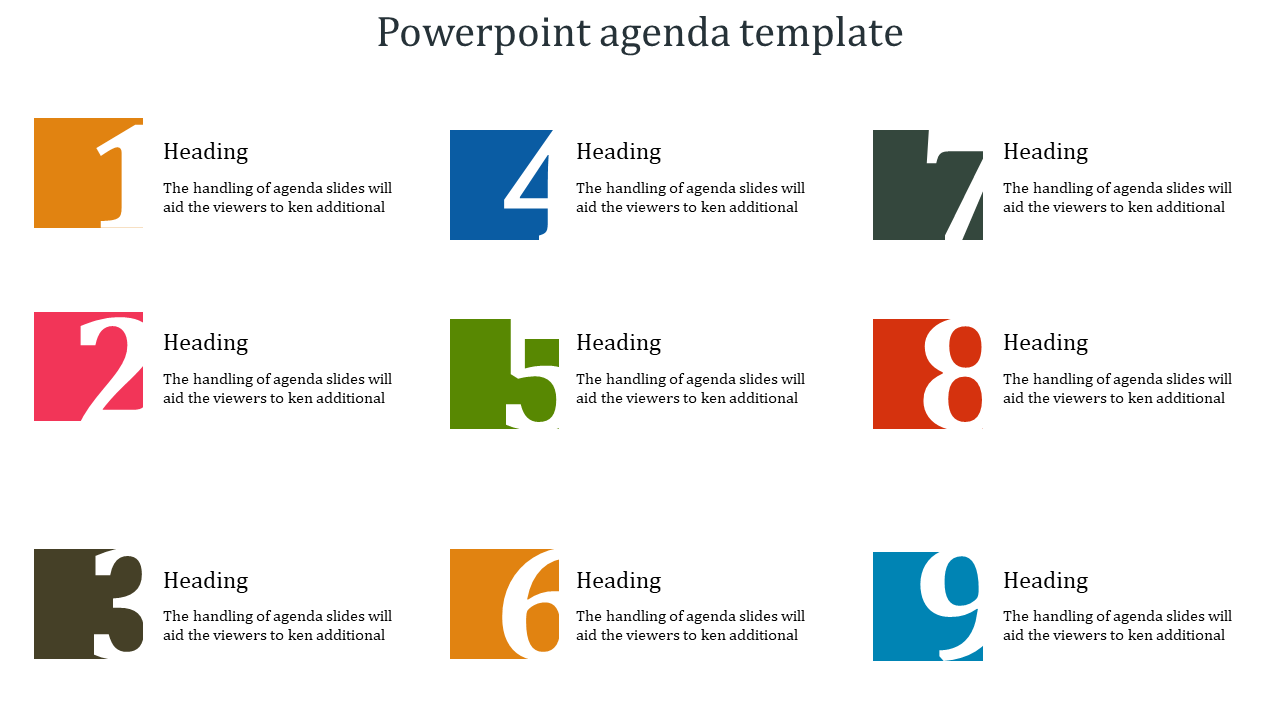 Colorful agenda slide with nine sections, each containing a number in a unique shape and a heading with text.