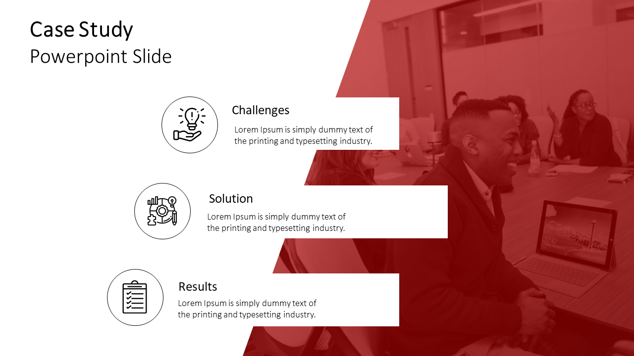 Case study slide featuring a semi transparent red overlay on a meeting scene, with three white text boxes.