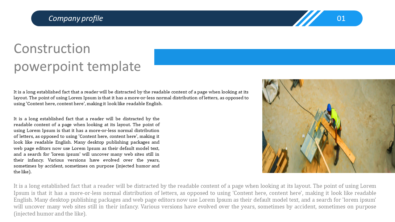 Construction PPT template featuring a construction worker in a hard hat with a layout of text and a company profile section.