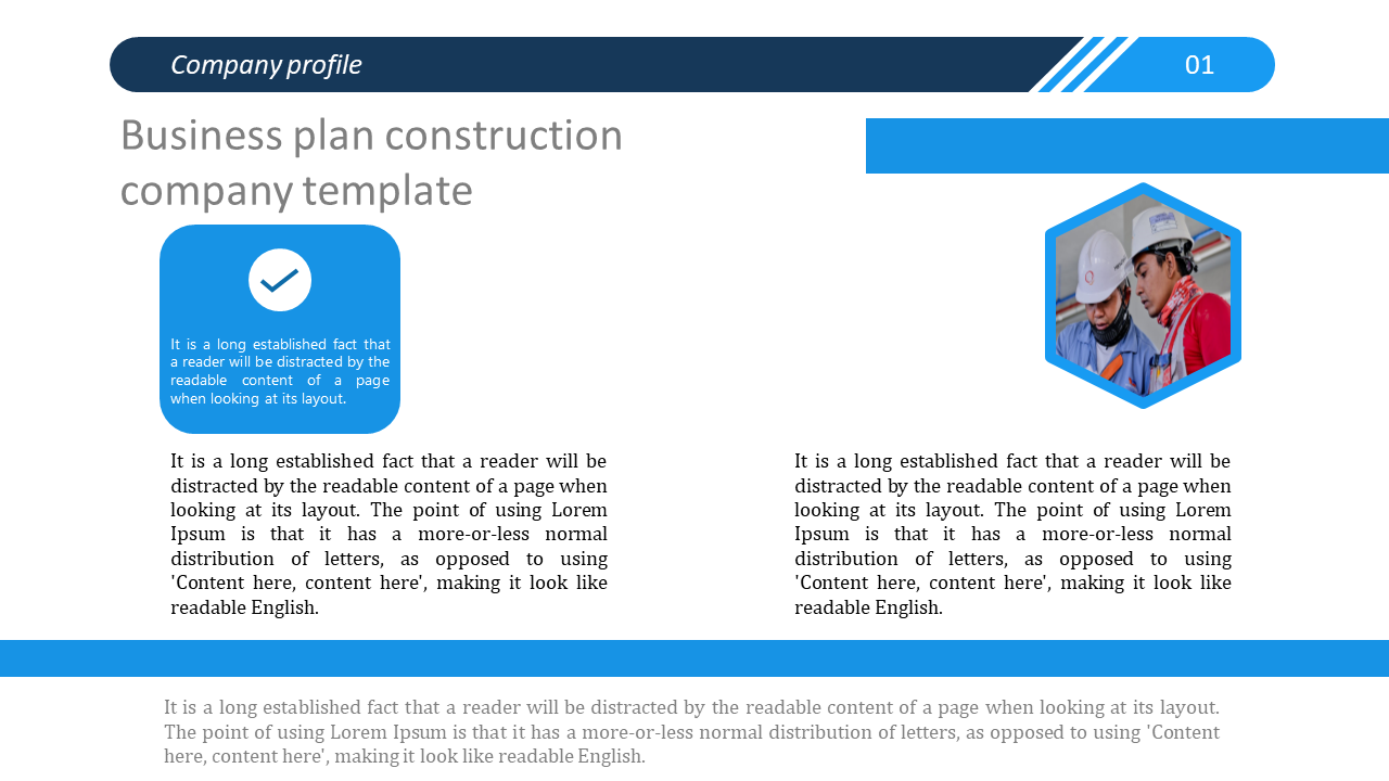 Company profile template for a business plan construction featuring sections for text and an image.