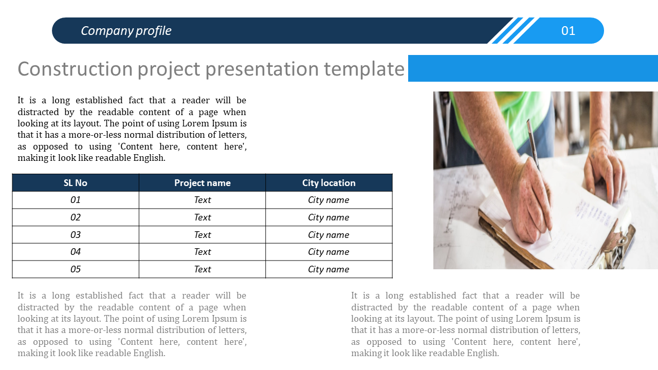 Construction template showing a table with project details and an image of a worker making notes on the right.