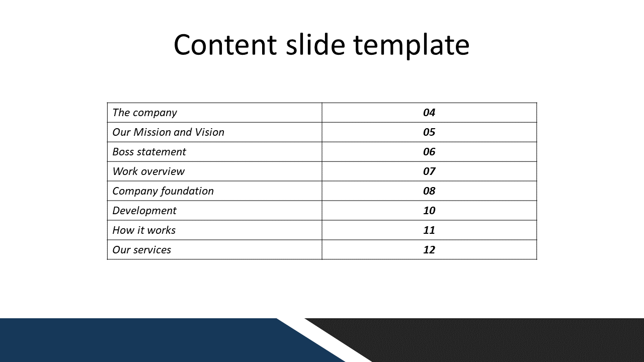 Slide with a clean table layout displaying a content list with numbered sections in black and blue design.