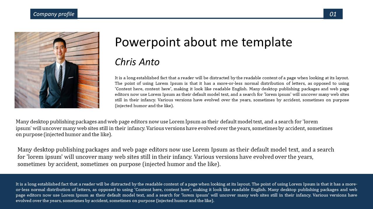 About Me slide featuring a portrait of Chris Anto and a text description.