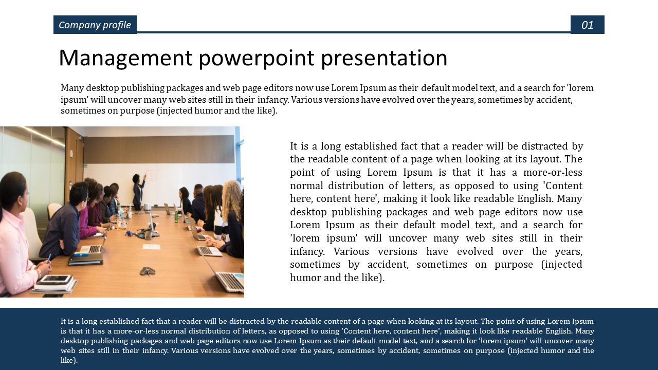 Management PowerPoint slide featuring a business meeting with a diverse group around a table with a text description.