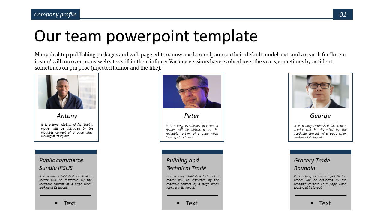 Our team PPT template showcasing photos of team members Antony, Peter, and George with placeholder text about their roles.