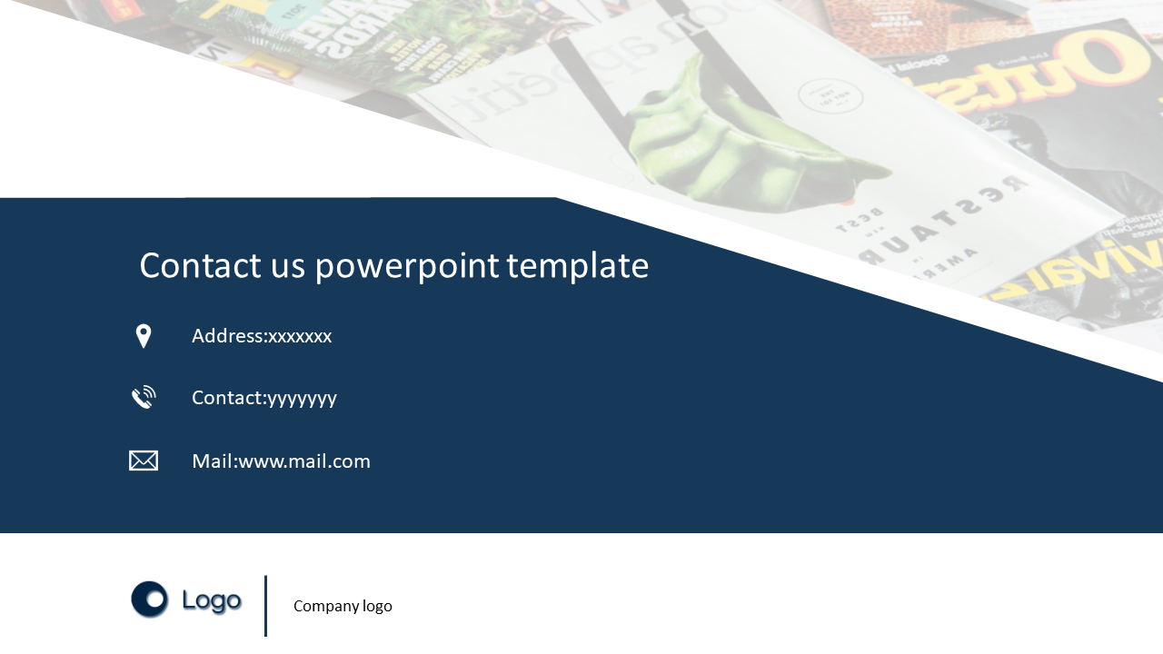 Contact Us slide with address, phone, and email sections alongside a company logo with a modern layout blue and white design.