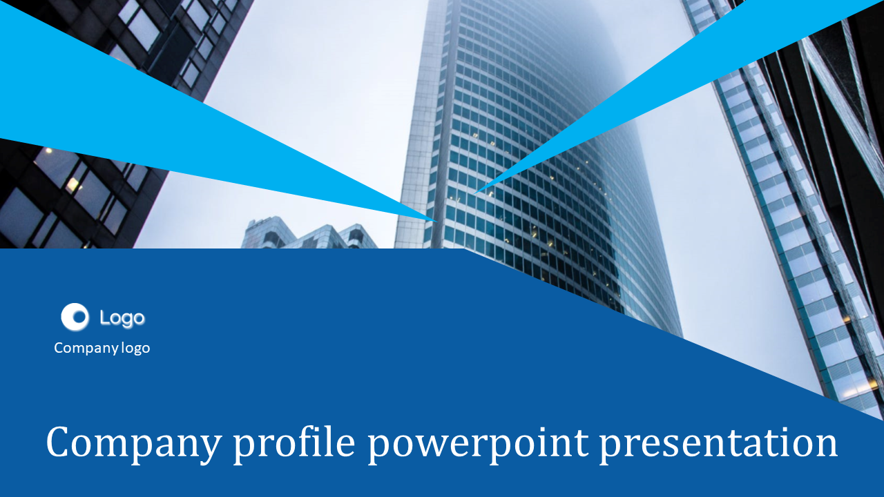 Company profile slide with a blue and white color scheme, featuring an image of a tall city building with a logo.