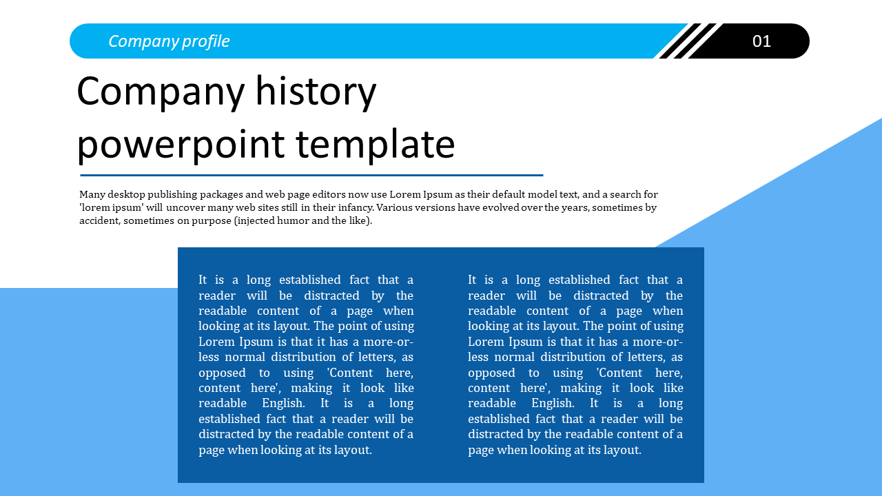 Professional PowerPoint slide featuring company history with placeholder text on a blue theme.