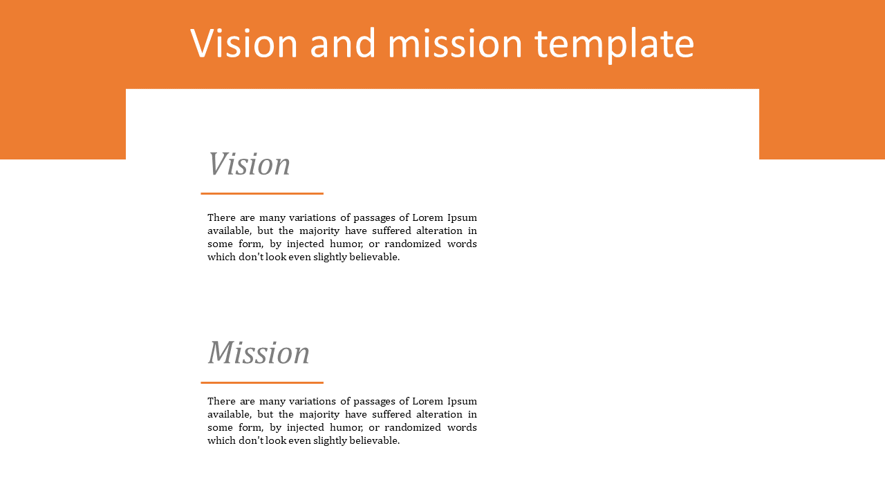 Slide design featuring sections for vision and mission with orange header and brief placeholder text.