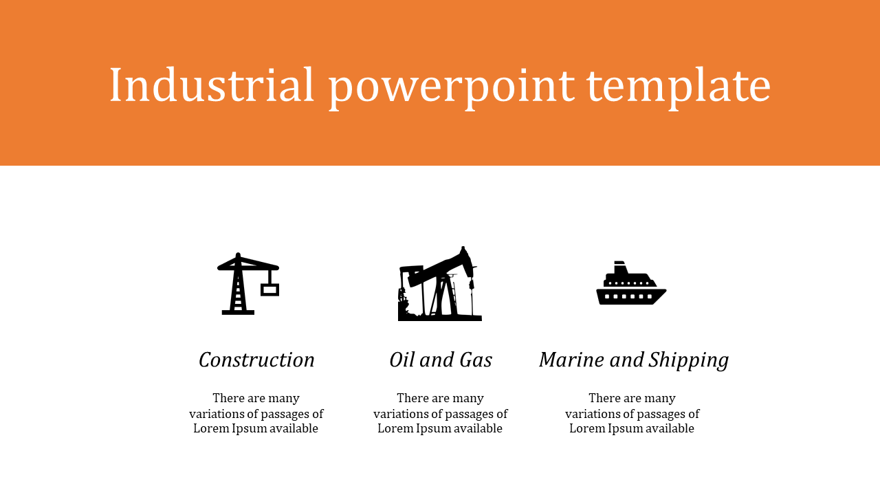 Industrial PowerPoint template featuring icons for construction, oil and gas, and marine and shipping industries.