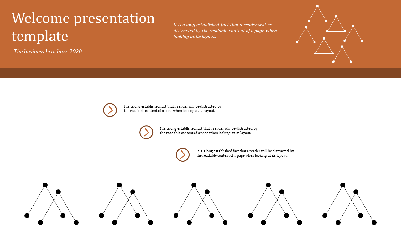 Welcome presentation template featuring geometric triangles and text about layout distractions in a business brochure.