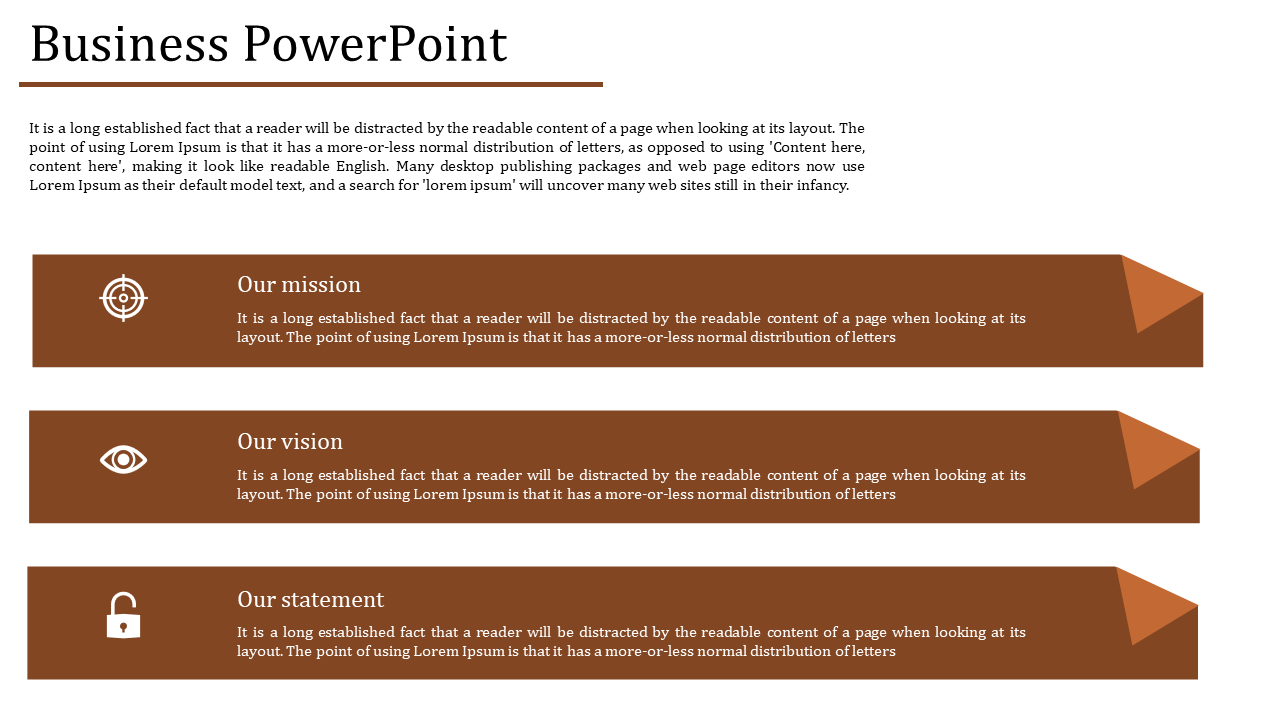 Business PowerPoint template with sections for mission, vision, and statement, featuring icons for each category.