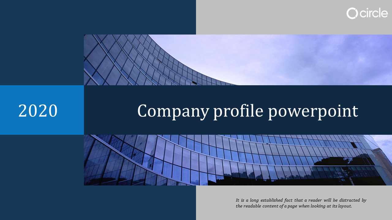 Company profile PowerPoint cover slide with 2020 on a blue background and a curved glass building image.