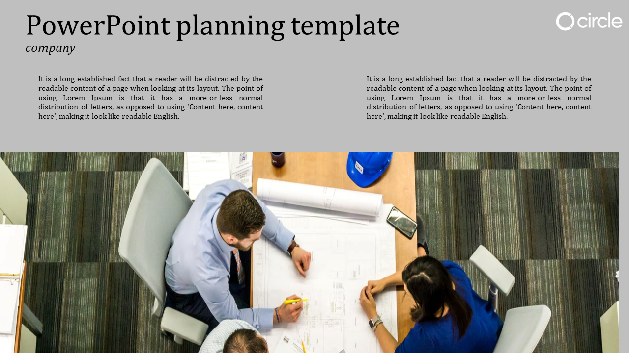 A planning theme, including text areas at the top and a bottom image of team members reviewing a large document.