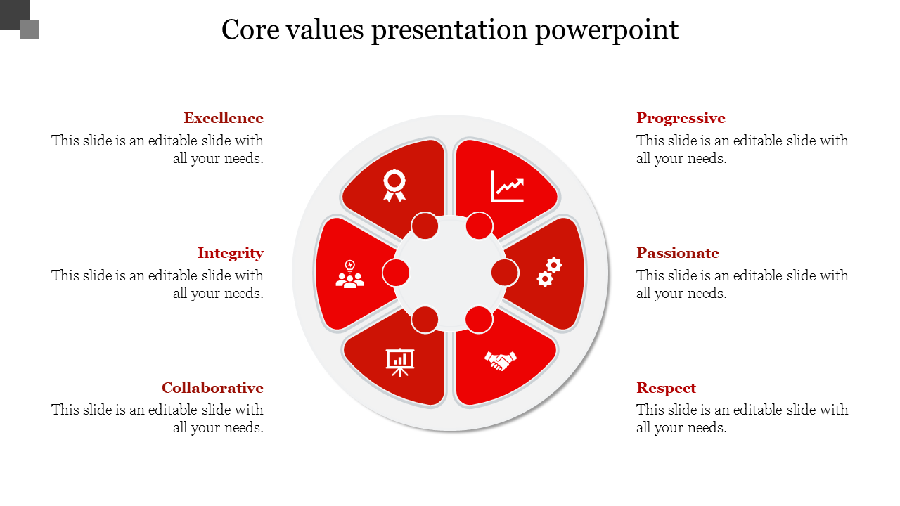 Circular diagram with six red segments, each representing a core value, with icons and text around it.