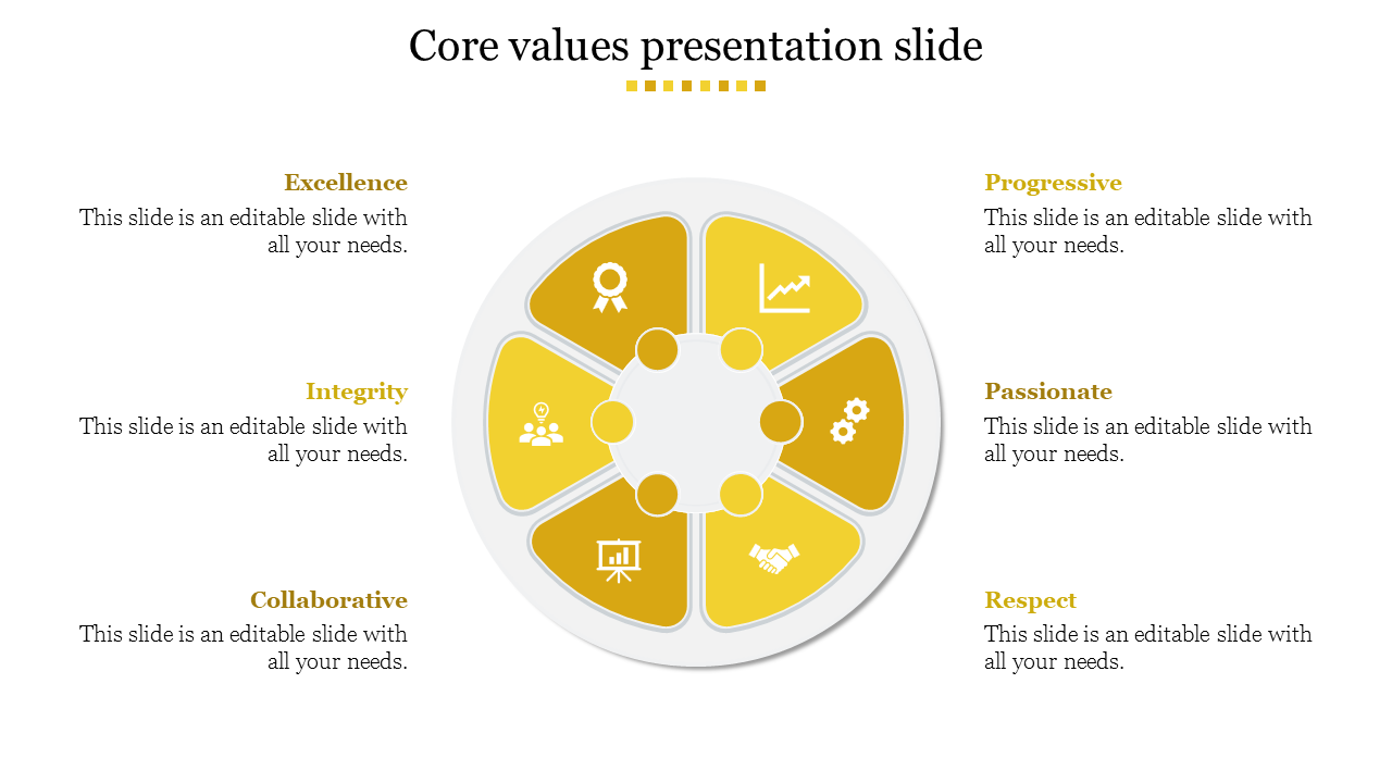 Core values PowerPoint slide with eight segments, each representing a different value from excellence to respect.