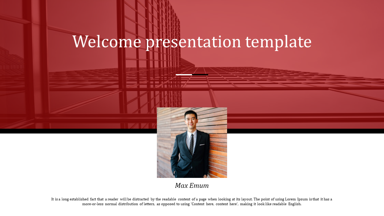 Welcome presentation template with a red background featuring a business professional's photo and building reflections.