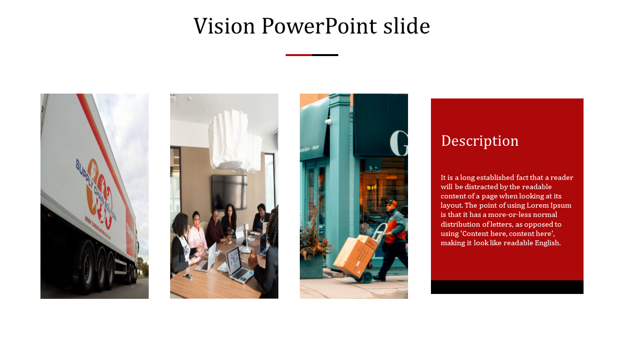 Vision PowerPoint slide with a supply chain truck, a team meeting, a retail shop, and a delivery person with a box.