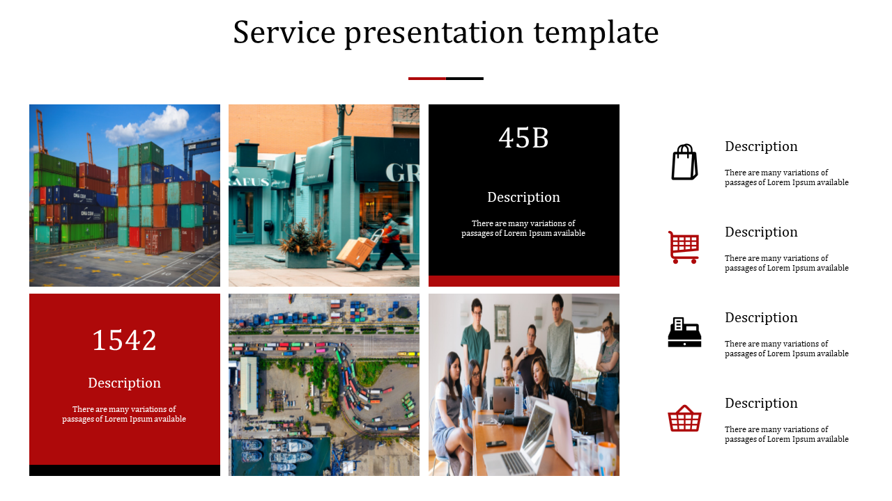 Service presentation template featuring cargo containers, a retail storefront, icons, and a business meeting with employees.