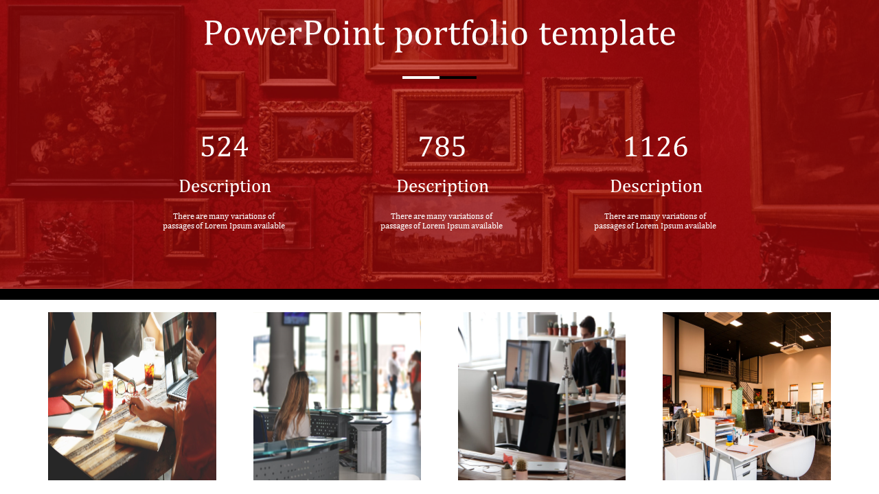 Portfolio template with a red background, displaying numerical data and descriptions, and four images of office spaces.