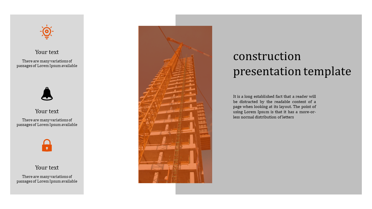 Construction themed slide with tall orange building paired with gray text block, and three icons on the left.