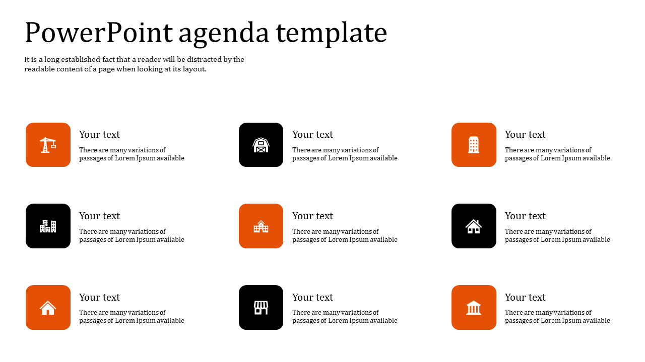 Visually appealing agenda PPT slide provides a structured framework with color coded icons and placeholder text.