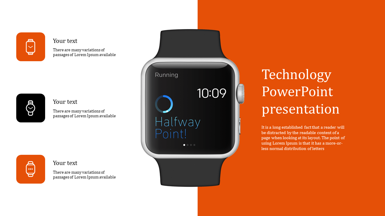 Technology slide with a smartwatch display in the center, two icons on the left, and an orange title section on the right.