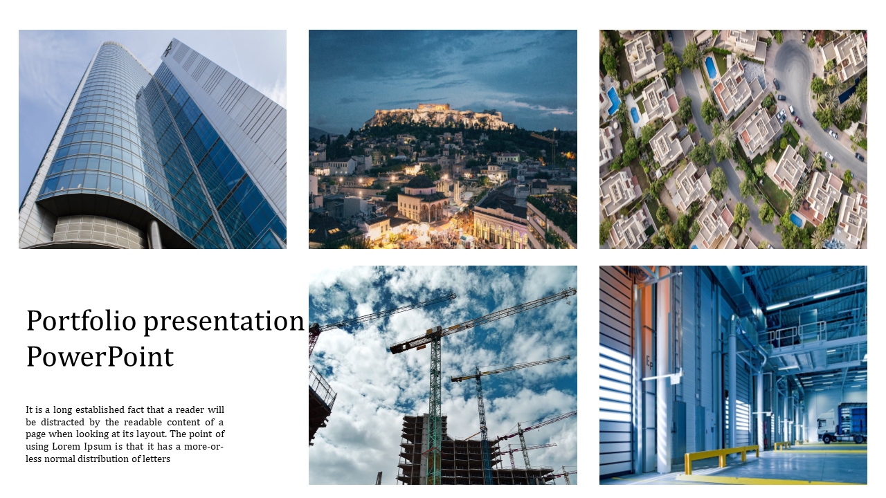 Portfolio PowerPoint presentation slide with images of modern buildings, construction cranes, and a residential neighborhood.