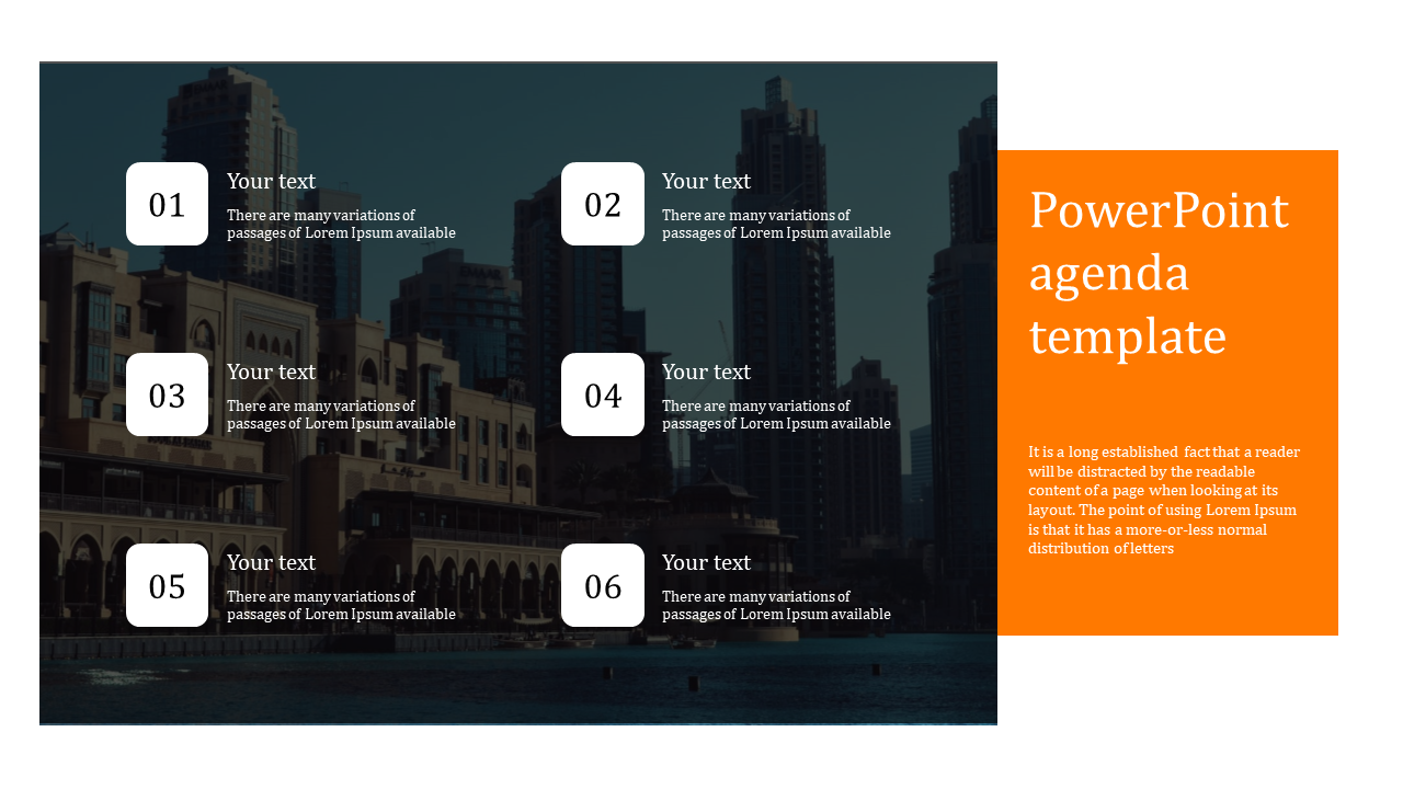 Agenda template with six white numbered text boxes, on a dark city background, with orange side panel.