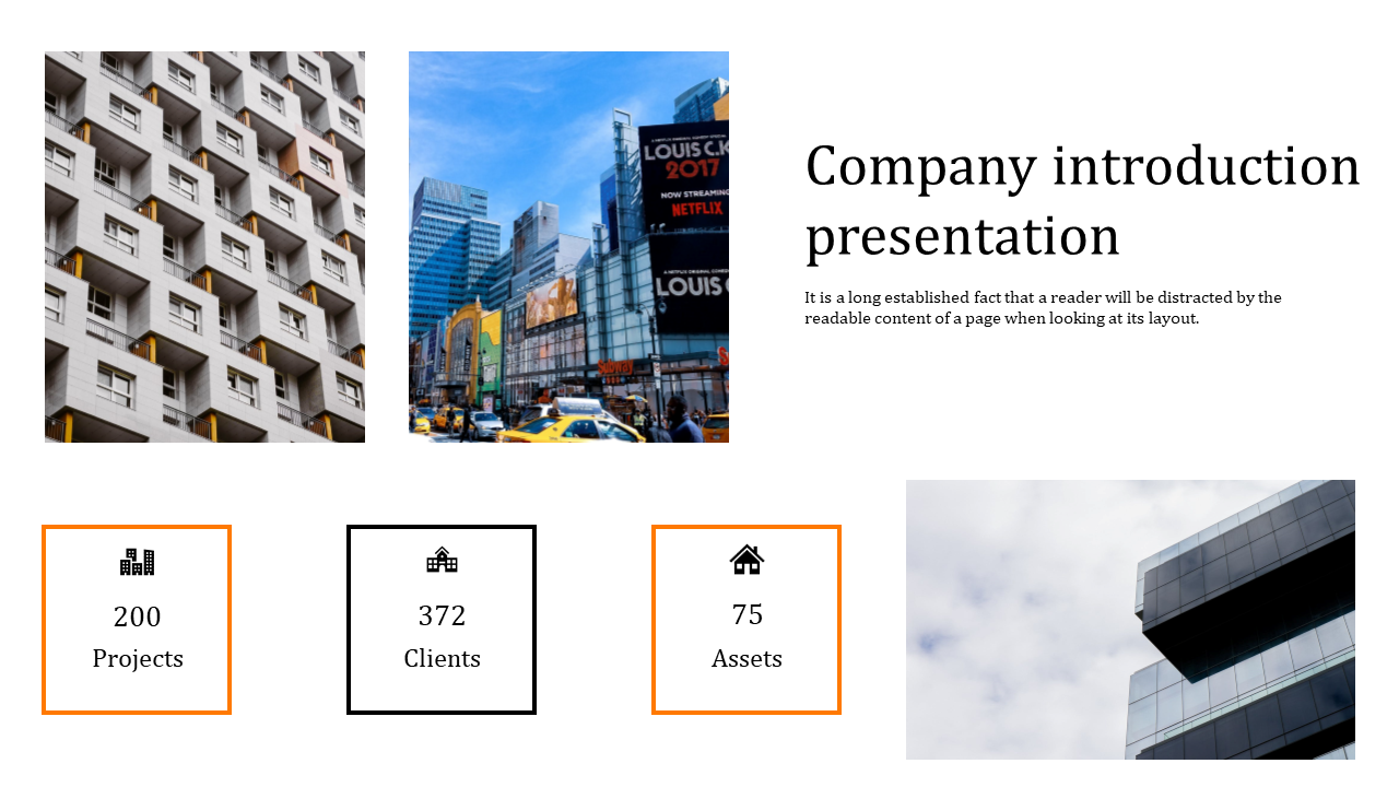 Company intro slide featuring urban architecture photos and statistics in outlined boxes with a caption area.