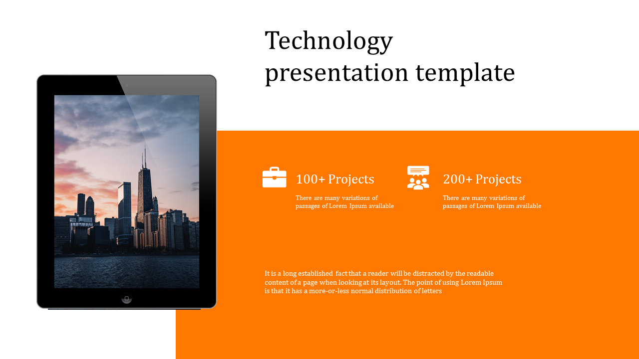 Technology template featuring an image of a city skyline on a tablet, with project stats and text, on an orange box.