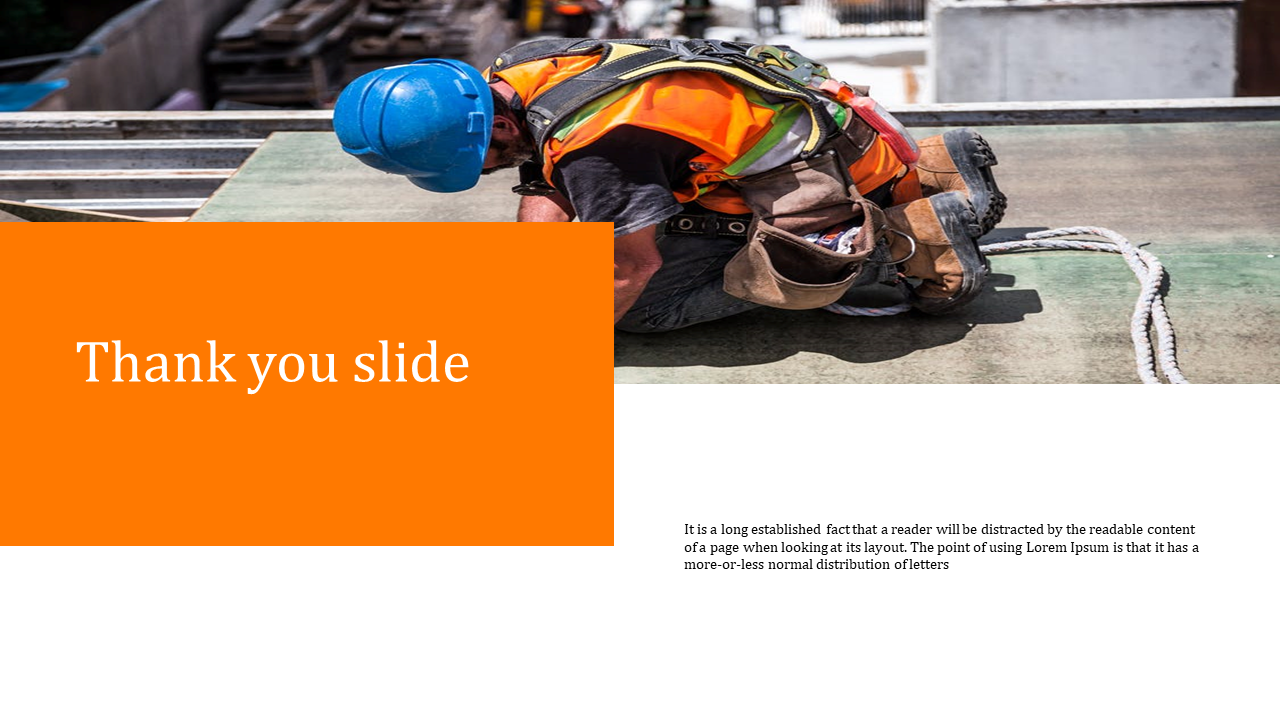 Thank you slide with an orange text box overlay on a background image of a construction worker in safety gear.