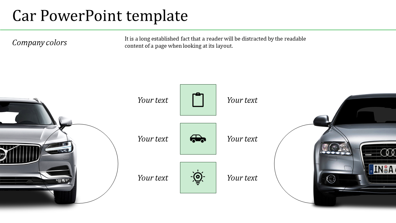 Two car images on both sides of a vertical stack of three green icons with placeholder text, set against a white background.