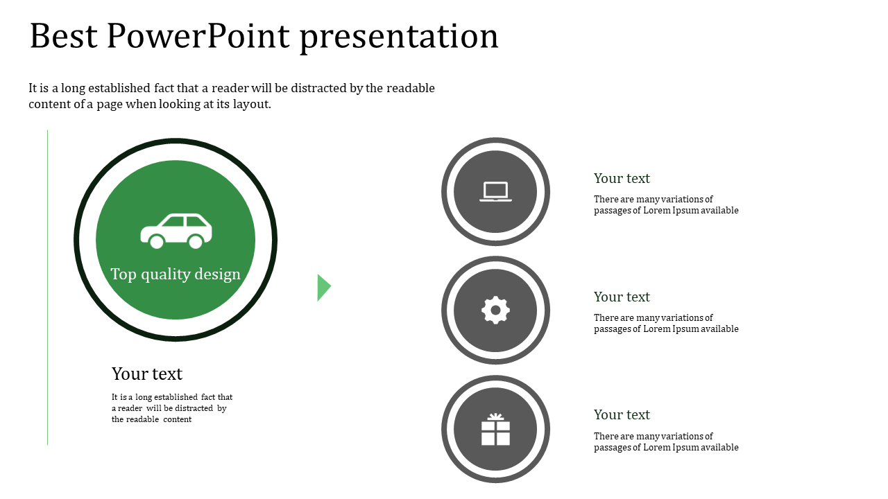 Best PowerPoint presentation template with a car icon labeled and circular icons each with placeholder text.