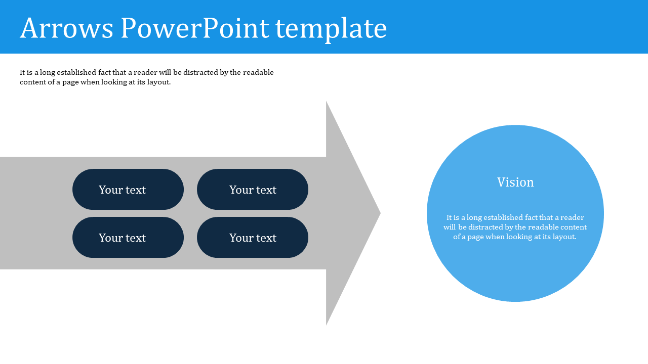 Arrows PowerPoint template featuring a set of buttons with text and an arrow pointing towards a vision circle.