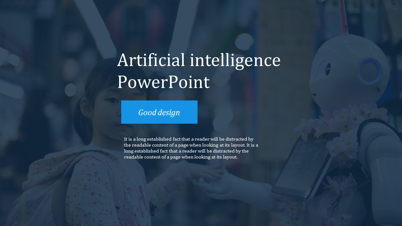 AI themed slide with a blue button and centered text, over a blurred image of a child and a robot in background.