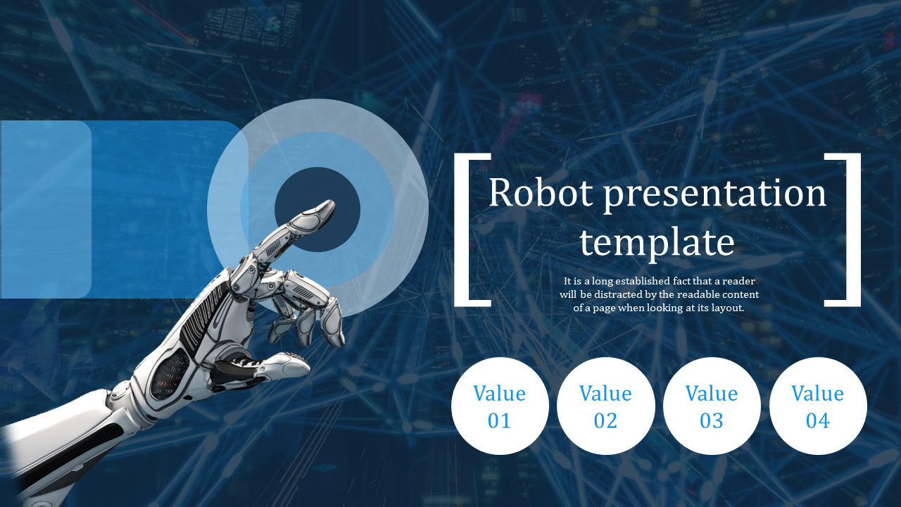 Robot themed slide with a robotic hand reaching out and four circular values at the bottom on a digital blue background.