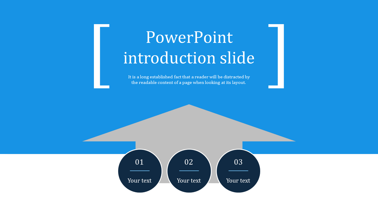 Blue slide for PowerPoint introduction featuring three circular sections for text and an arrow graphic.