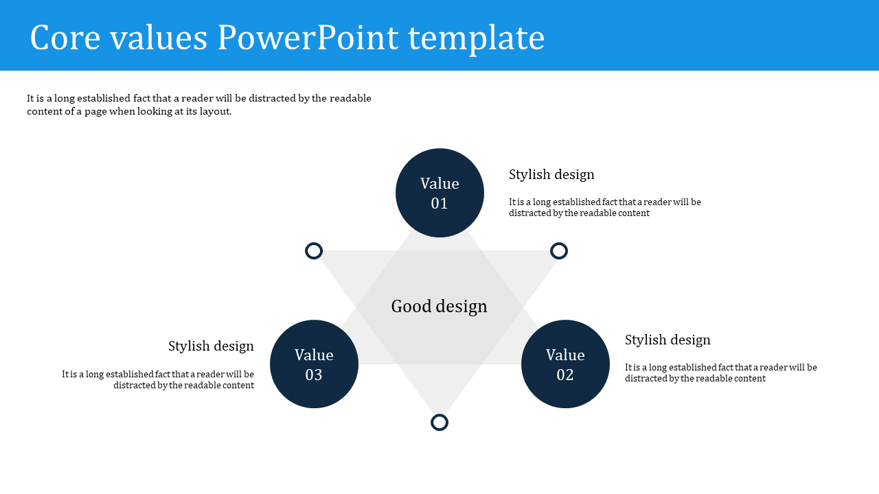 Core values slide featuring a hexagonal design with a central good design surrounded by four values and stylish design notes.