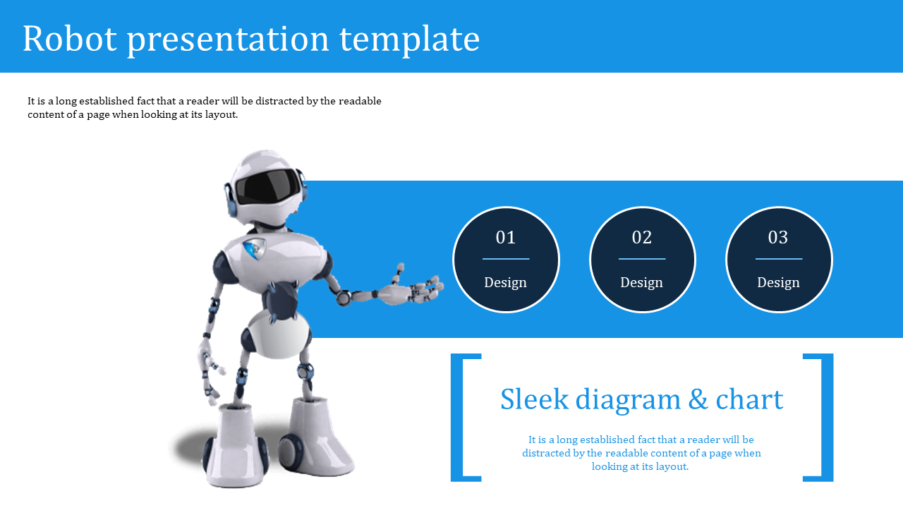 3D robot showing a middle banner with three circular icons, and a bordered text section, all in blue accents.