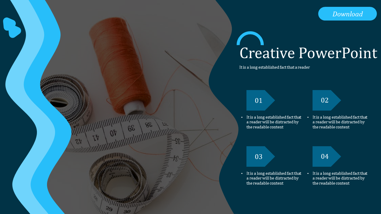 Creative PowerPoint slide featuring measuring tape and thread with numbered sections for text.