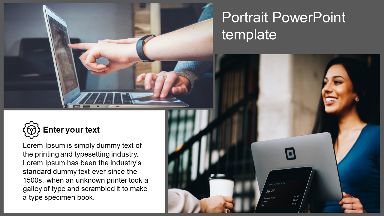 Portrait PowerPoint template with a laptop and a smiling woman holding a tablet, featuring a section for placeholder text.