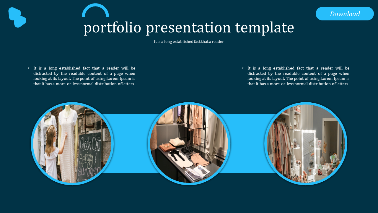 Portfolio presentation slide layout with images of a fashion store, featuring text areas.