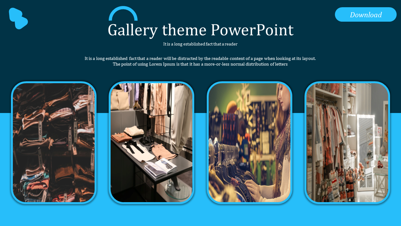 Four framed images of clothing displays in a gallery themed slide with a blue background and a download button.