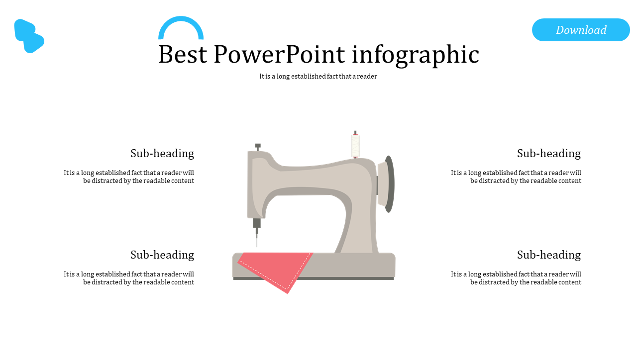 Best infographics featuring an illustration of a white sewing machine with a red cloth and four captions around it.