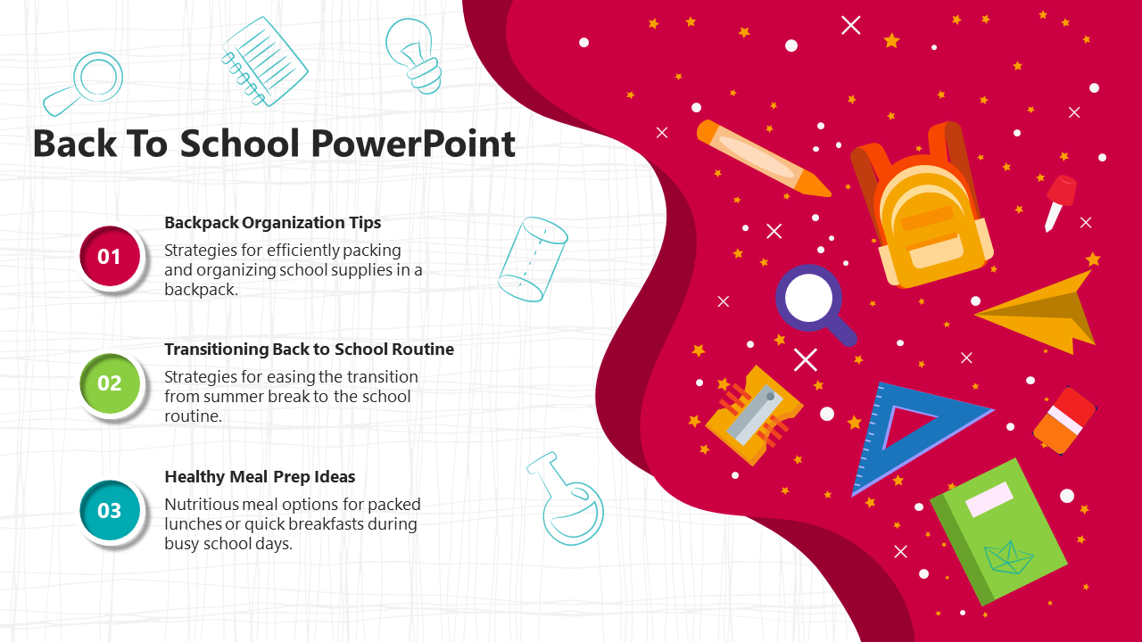 Colorful red background with illustrations of school supplies and three numbered text outlining back to school tips.