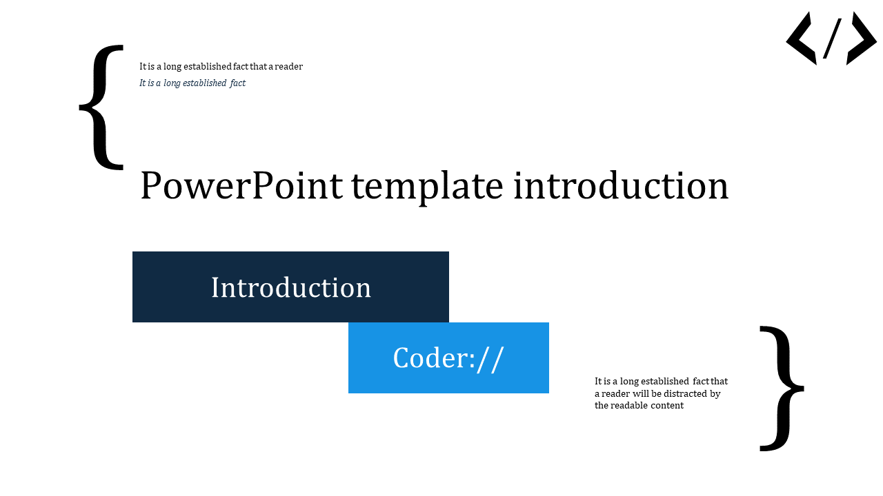 Introduction slide with code like elements and blocks in blue and dark tones, with curly brackets and large text.