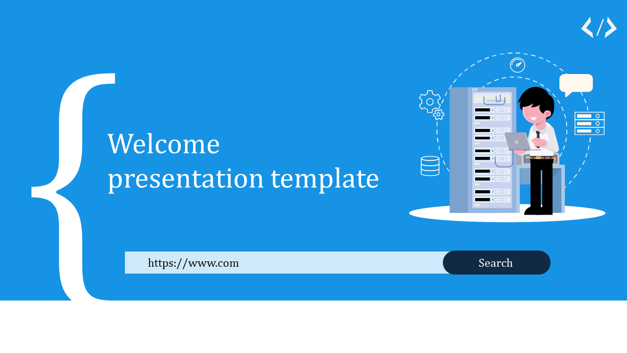 Welcome presentation template with a blue background, a server illustration, and a laptop user.